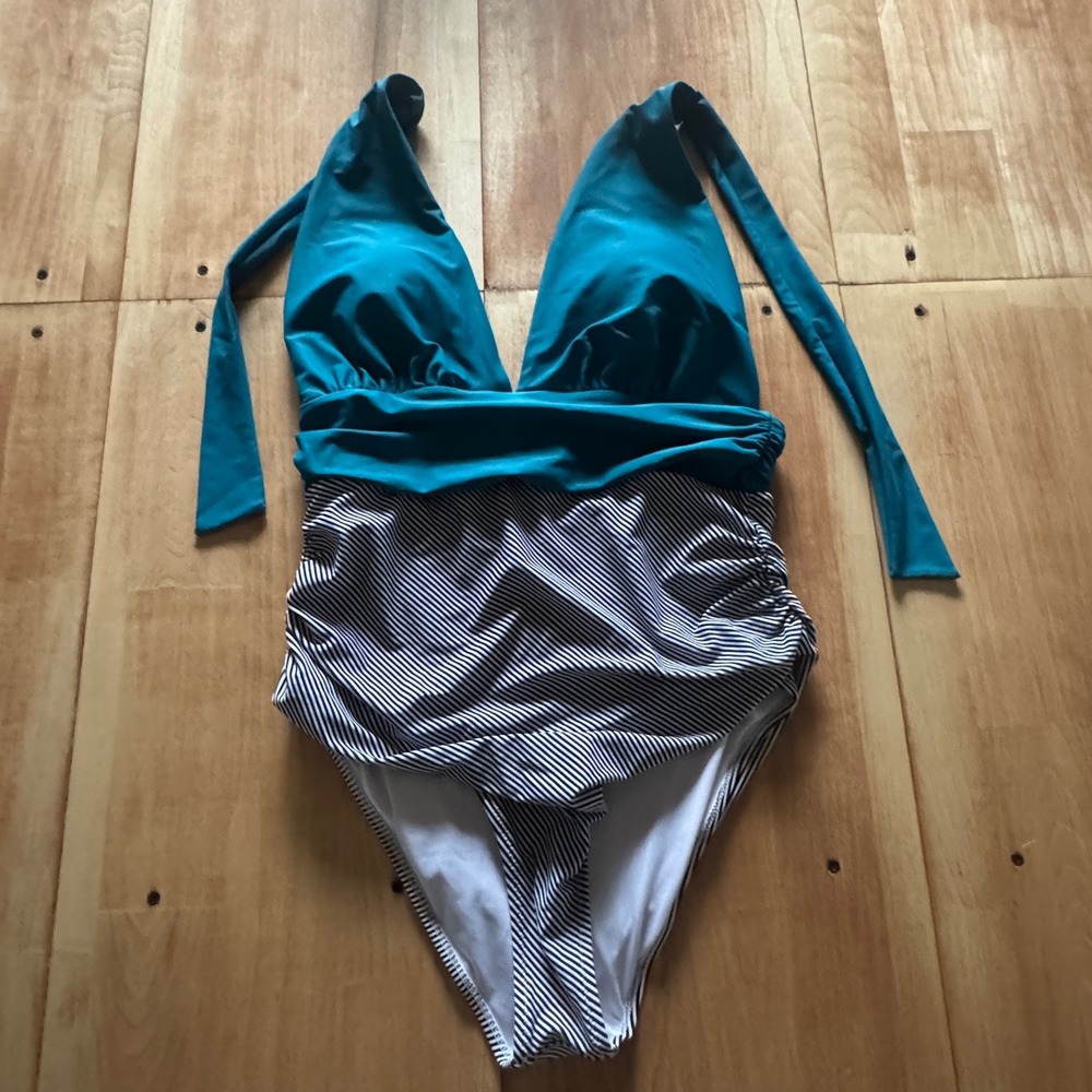 Womens Teal Striped Halter One Piece Swimsuit Ruched Tummy Control V-Neck L - Picture 1 of 5